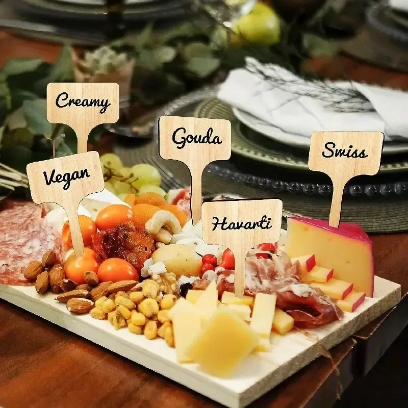 10pcs Wooden Cheese Markers For Charcuterie Board,T Type Cheese Name Tag For Wedding,Birthday,Cocktail Parties, Buffet, And More