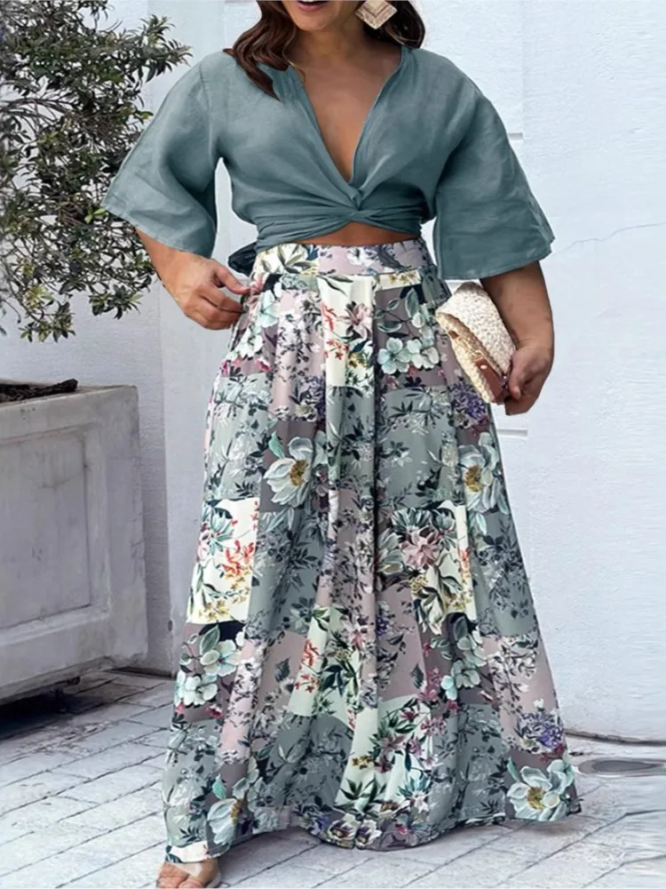 

Women Two Piece Sets Outifit Fashion Floral Printed Versatile Twisted Navel Top+Wide Leg Pants Suit For Female Summer 2025 Cloth
