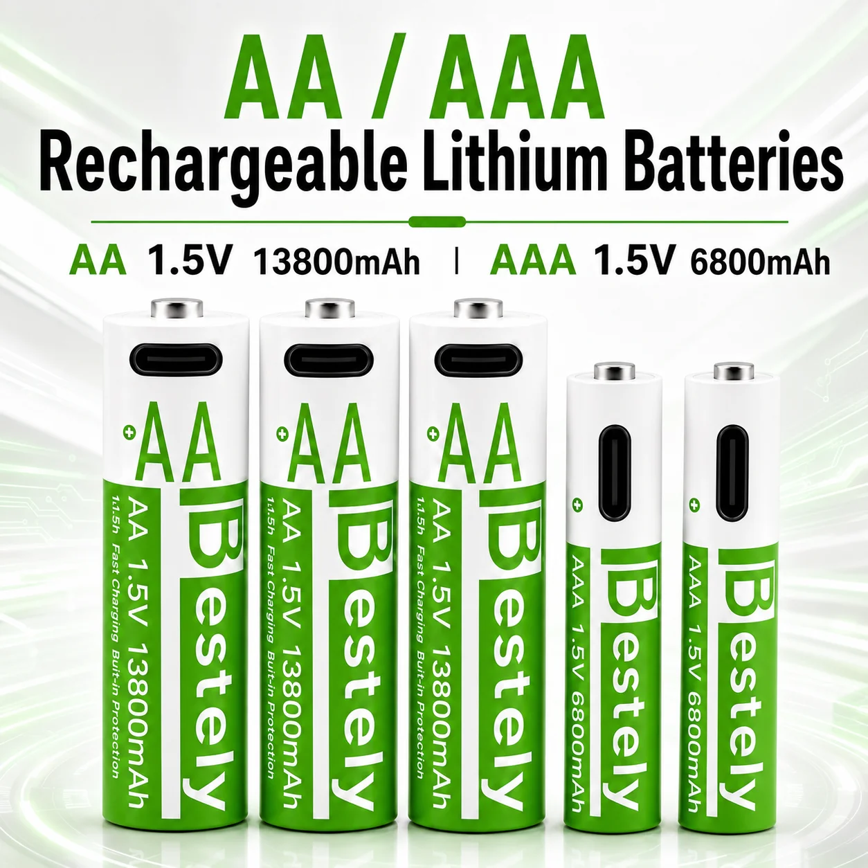 1.5V AA 13600mAh+AAA 6800mAh Lithium rechargeable Battery,USB Fast Charging Li-ion Battery , 2000 Cycles with USB- C Cable