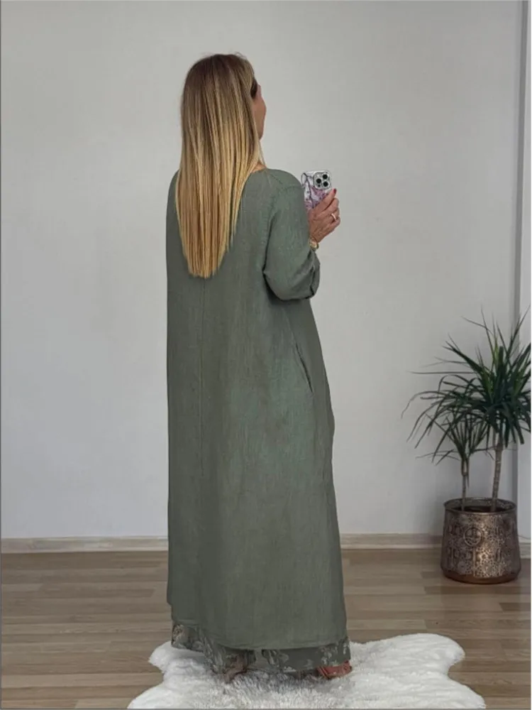 

Красивый весенне-осенний повседневный комплект из 2 предметов, свободный комплект с круглым вырезом и длинными рукавами, нерегулярный удлиненный однотонный топ с широкими штанинами и принтом для поездок на работу