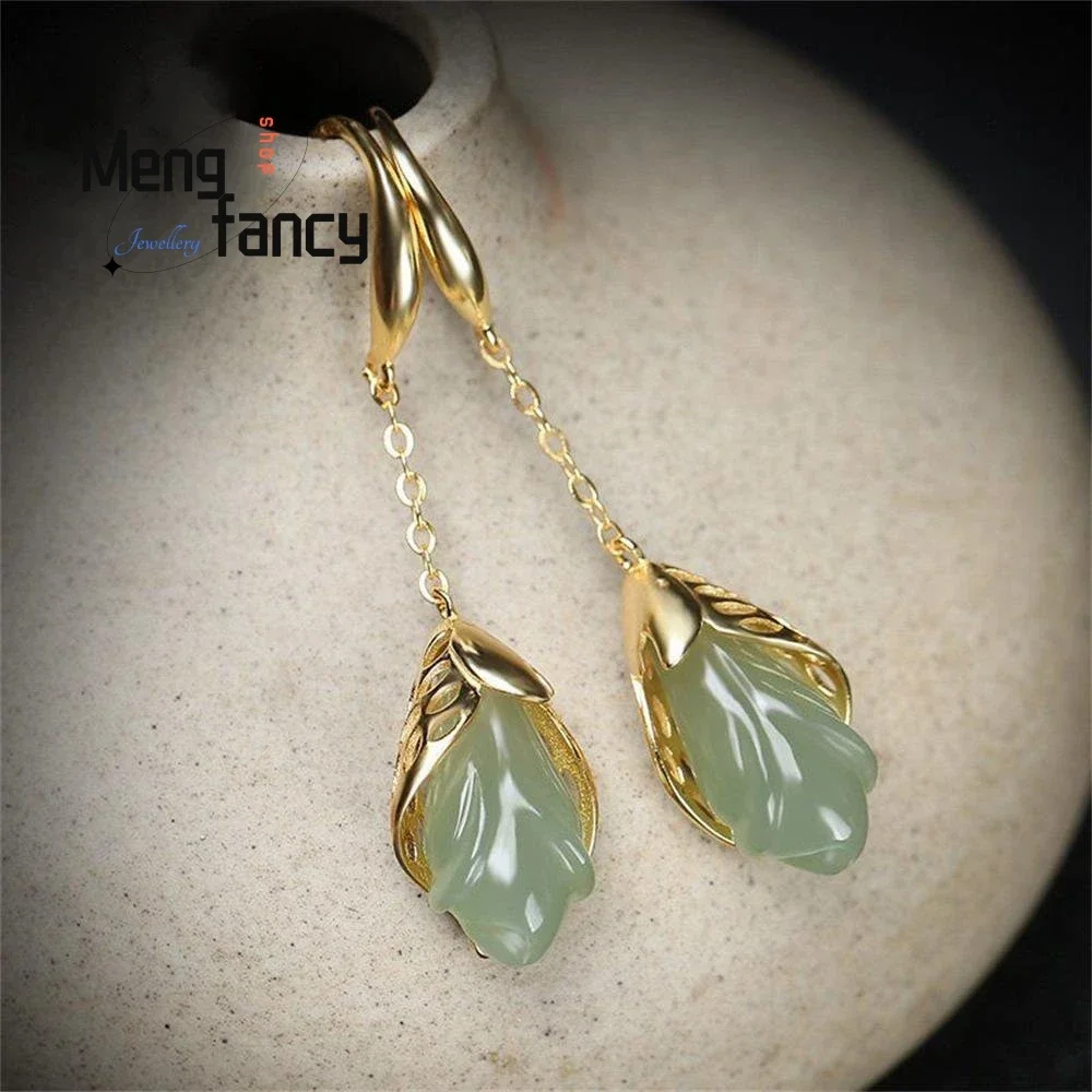 

Natural Hetian Blue Jade Magnolia Flower S925 Sterling Silver Earrings Charms Fashion Jewelry Luxury Best Selling Holiday Gifts