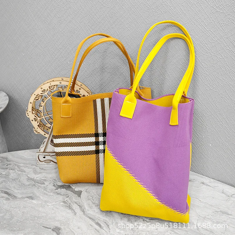 

Knitted bag, versatile for summer, large capacity shopping bag, colour-blocked, simple and fashionable woven women’s shoulder