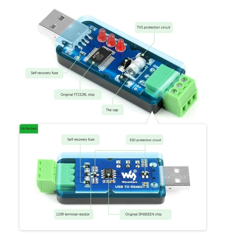 Waveshare USB to RS485 Serial Converter RS485 Communication Module 300-921600Bps Built-in ESD Protection Circuit