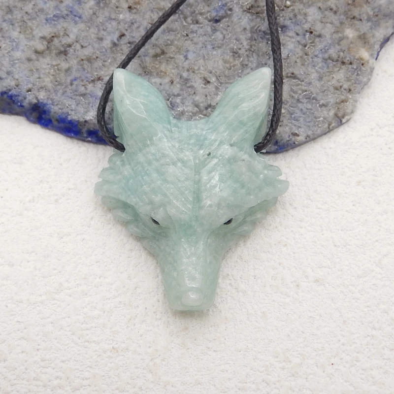 Natural Stone Amazonite Wolf Head Pendant Reiki Healing Carved Animal DIY Animal Jewelry Necklace Gift 36x29x12mm 11g