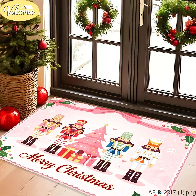 VIKAMA Pink Merry Christmas Rug Cartoon Nutcracker Soldier Rug Soft Non Slip Entryway Mat Washable Cozy Festive Home Decor