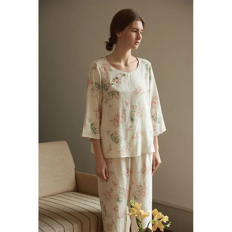 Women Vintage Bamboo Cotton Breathable Sleepwear Simple Round Neck Long Pants Two-Pieces Pajamas Sweet Printed Full Sleeves PYJS