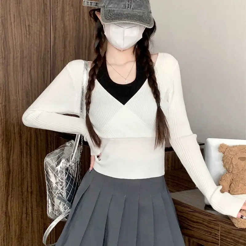 

American retro spicy girl layering fake two-piece contrasting knitted sweater autumn/winter Y2K women's slim fit casual top