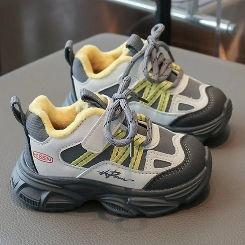 Winter Sport Shoes For Children PU Leather Thick Warm Boy's Girl's Padded Cotton Shoes Anti-slippery Kid's Plush Footwear