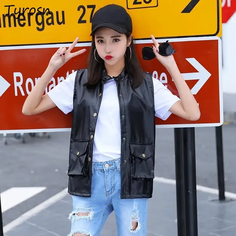

Women Vests PU Leather Solid Fashionable Simple Temperament All-match O-neck Single Breasted Leisure Harajuku Waistcoats Retro