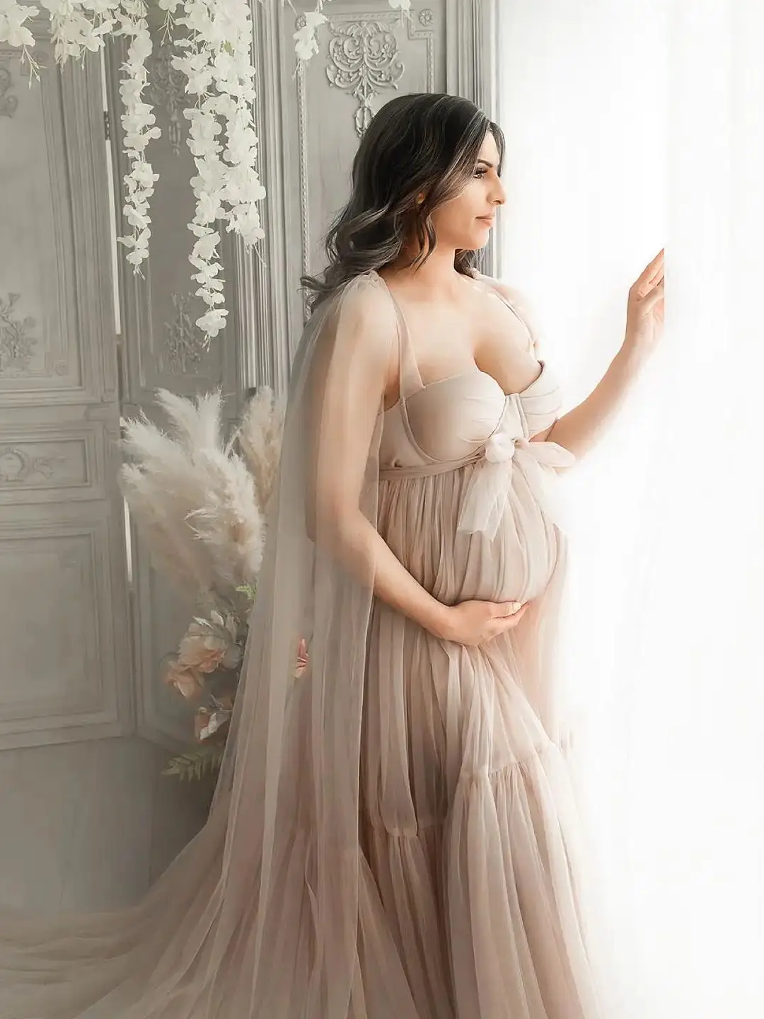 Empire Waist Soft Mesh Motherhood Dress with Cape Sweetheart Solid Color Oversized Loose Maternity Photoshoot Gowns Customized