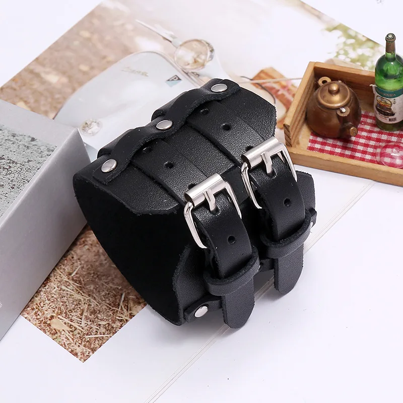 Men's Punk Double Layer Wide Black Cowhide Leather Bracelet - Edgy Gothic Accessory