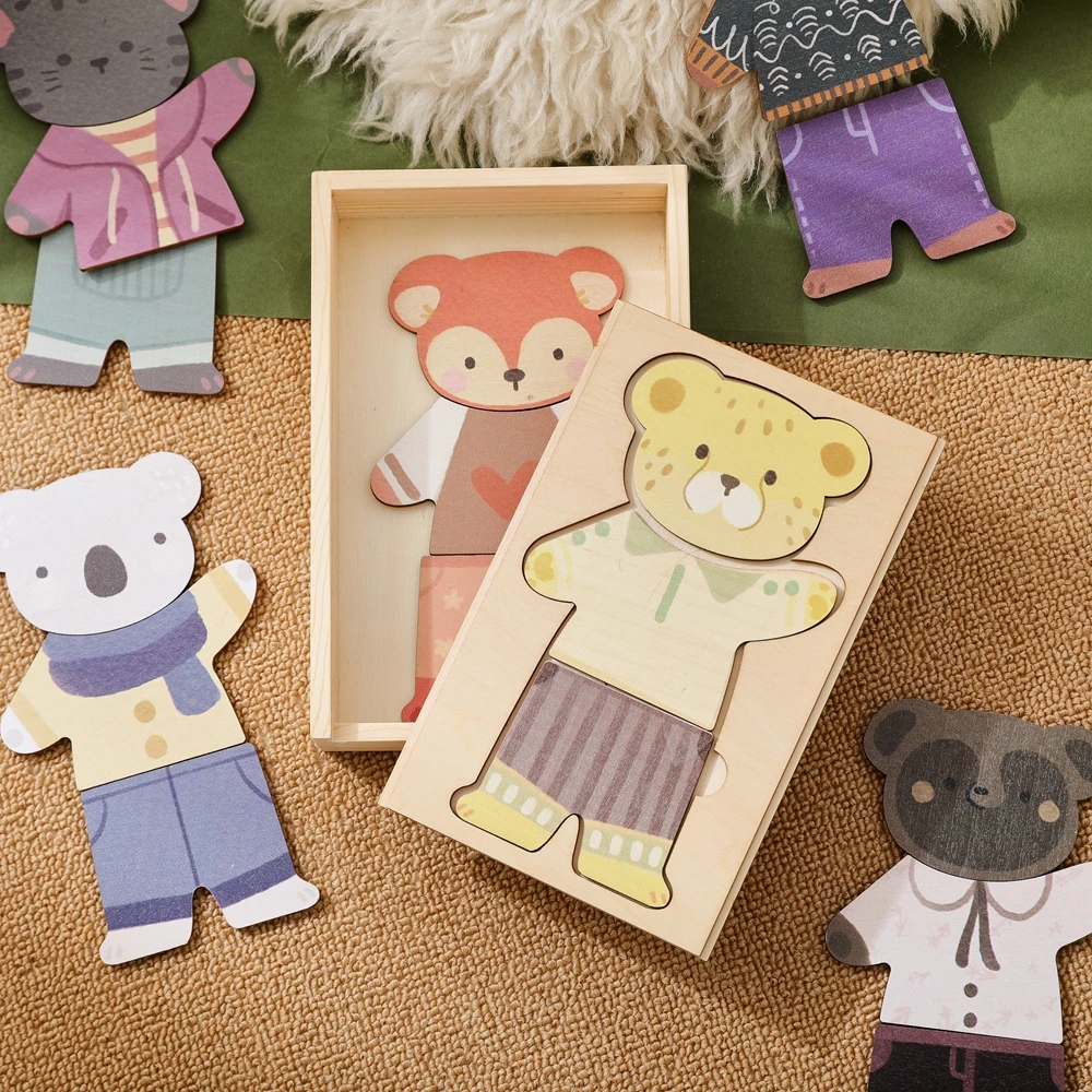 

Wooden Dress Up Puzzles Montessori Toys Matching Games Dressing Animal Bear Change Clothes Jigsaw Puzzle Box Kid's Travel Set