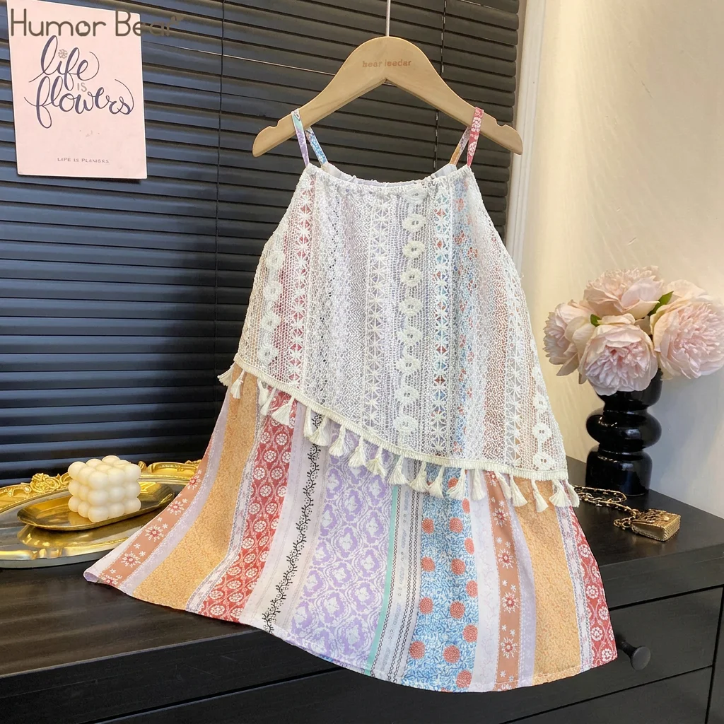 Summer Casual 3-7 Year Old Girl Hollow Tassel Suspender Color Blocked Printed Casual Dress Korean Version