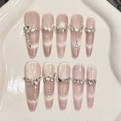 Handmade Press On Nails Pink Crystal Cat's Eye Long Artificial Nails 10pcs Glitter Diamond French False Nails Almond Wearable