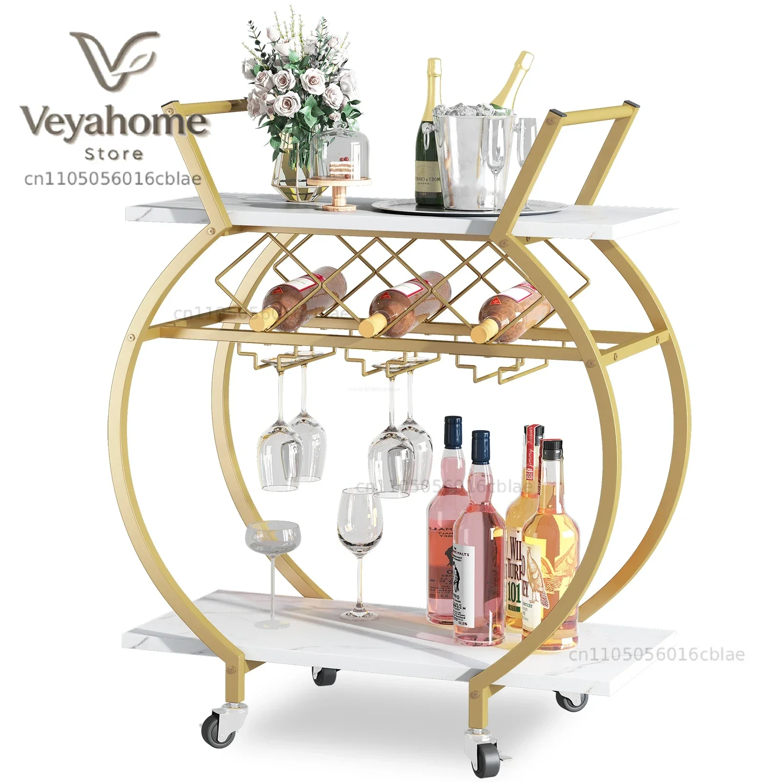 Gold and White Bar Cart Mini Rolling Kitchen Storage Cart with Wine Rack and Glass Holders Wine Cart