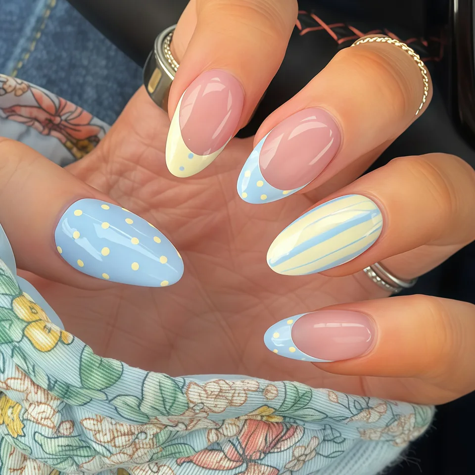 24pcs uñas postizas almendra medianas con diseño de rayas, estrellas y lunares, francesas negras, tips desmontables para arte de uñas 4