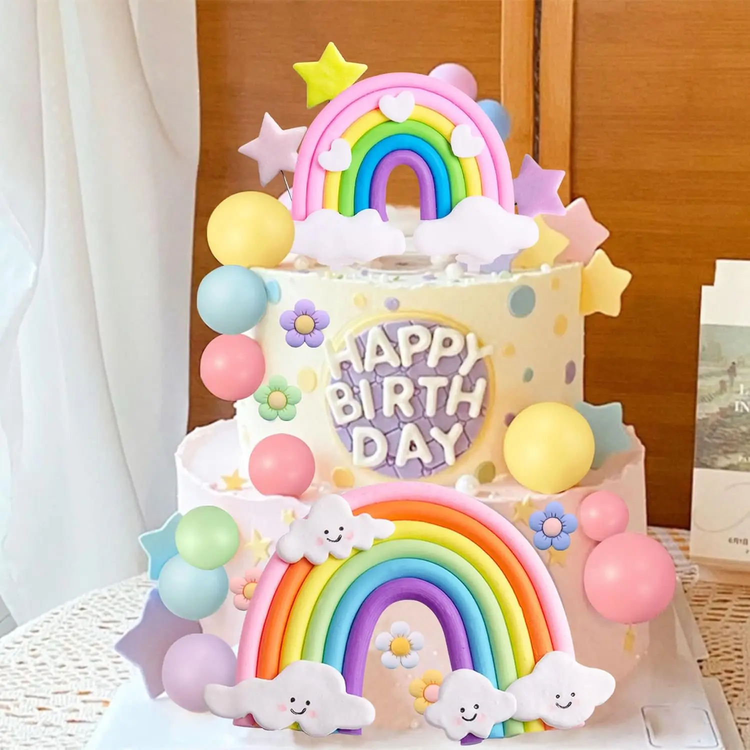 Regenbogen-Kuchenaufsatz, Regenbogen-Thema, Partyzubehör, Pastellkugeln, Kuchenaufsatz, Boho-Kuchenaufsätze – Detail 4