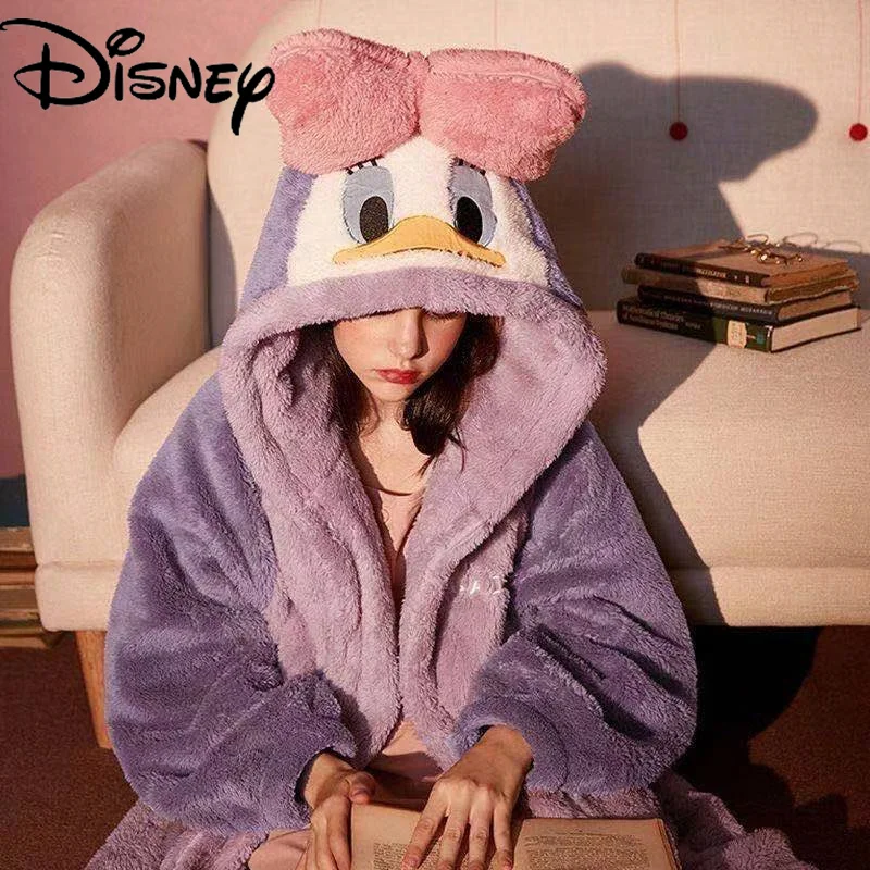 

Disney Snow White Donald Duck Nightgown Winter Flannel Hooded Sleep Blouse Female Warm Cute Kawaii Thicker Chic Robes Sets Anime