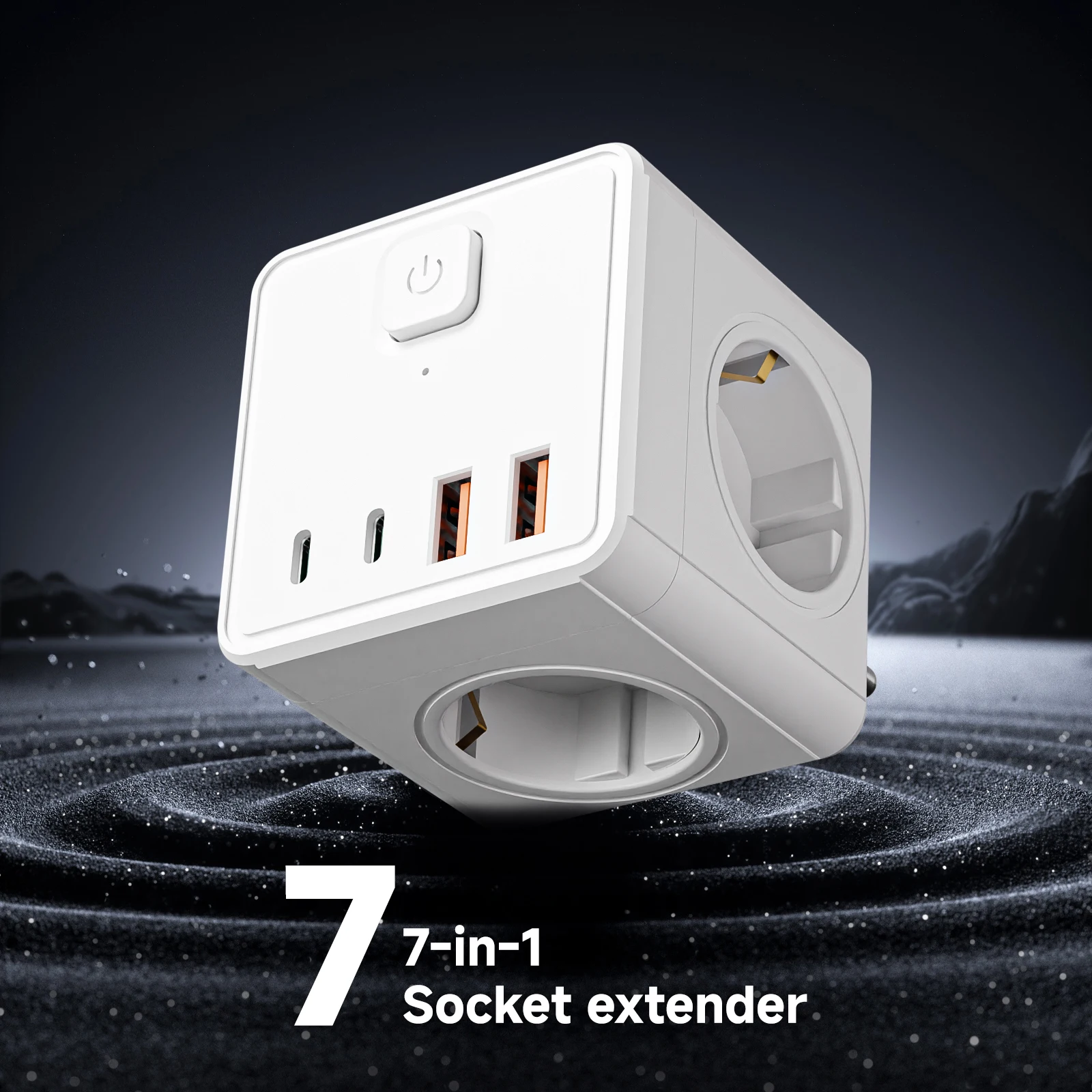 7-in-1 square power strip with 3 AC sockets, 2 USB ports, 2 Type-C ports, and 1 main switch. Suitable for home, office, travel,