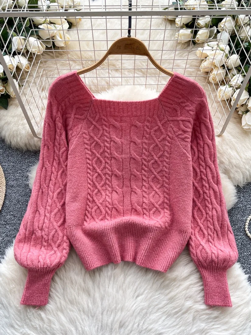 Foamlina Lazy Relaxed Style Knit Square Neck Sweater Women Winter Twist Loose Flattering Design Sense Elegant Casual Sweater Top