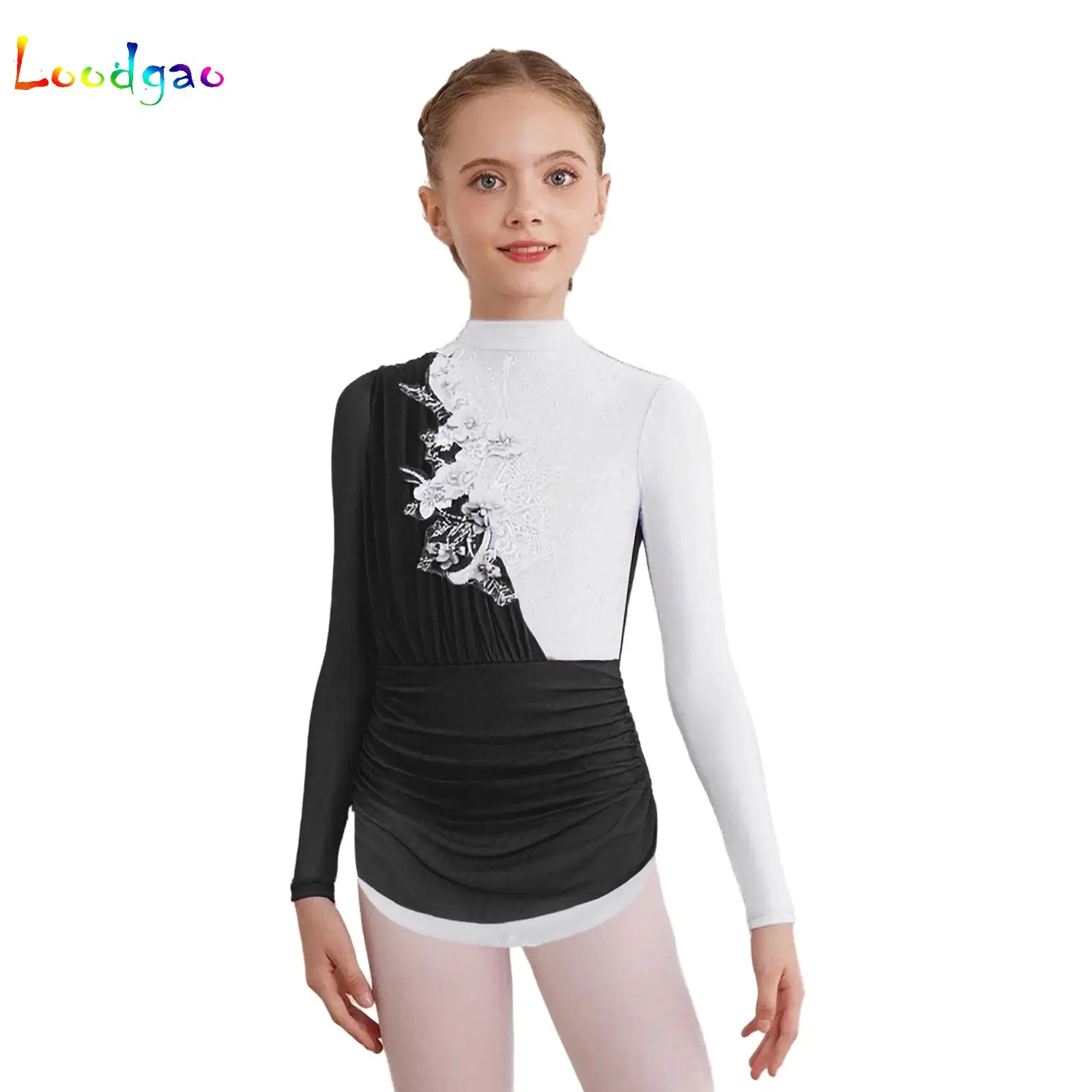 Applique Rhinestones Dance Ruched Dress for Kids Girls Figure Skating Lyrical Ballet Dancing Performance Competition Costume