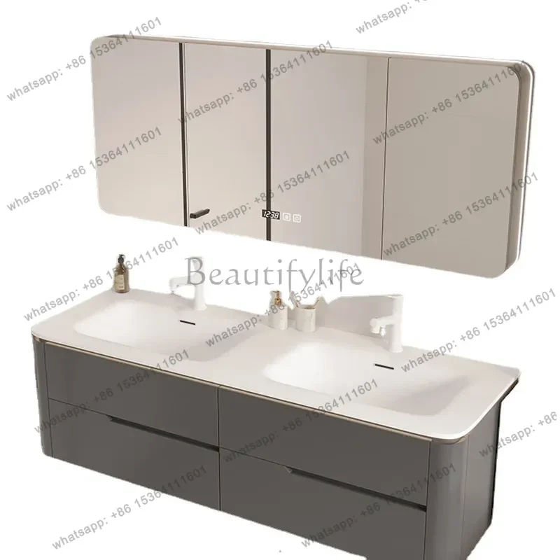 Integrated Double Basin Bathroom Cabinet Combination Smart Mirror Cabinet Arc Edge Wash Table Oak