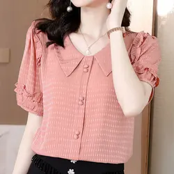 Sweet Peter Pan Collar Shirt Summer Fashion Ruffles Spliced Women's Clothing Plaid Solid Color Straight Commute Button Blouse