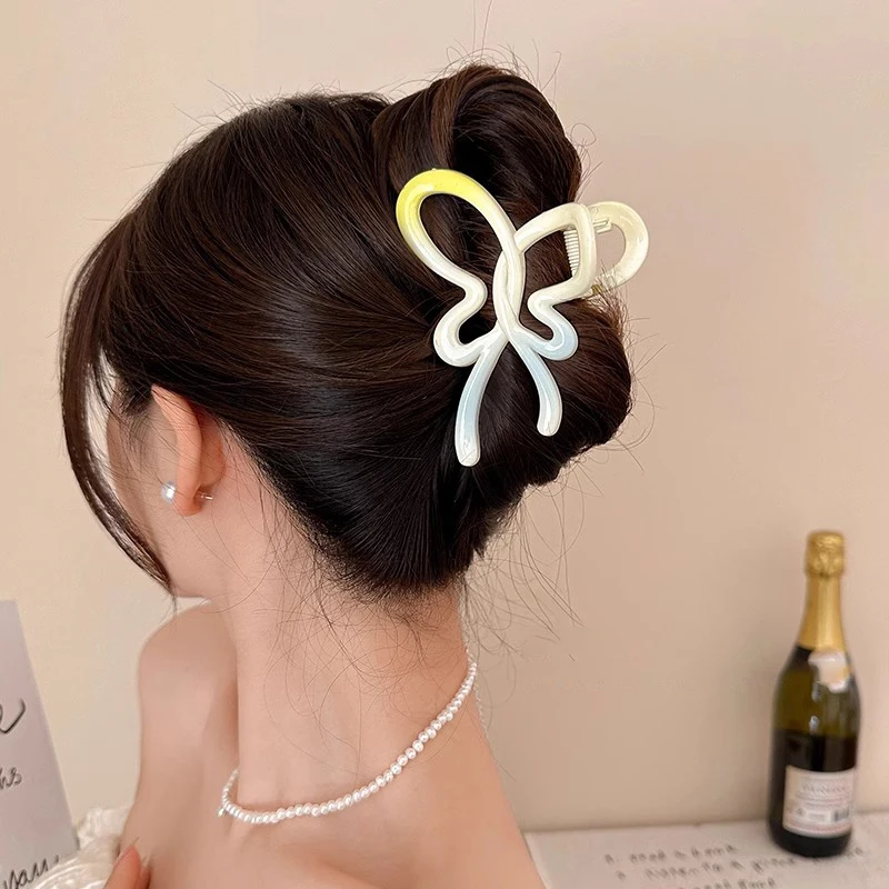 女性用プラスチックバタフライヘアクリップ,グラデーションカラー,リボン,カニヘアクリップ,ポニーテール,ヘアピン,帽子アクセサリー,ギフト