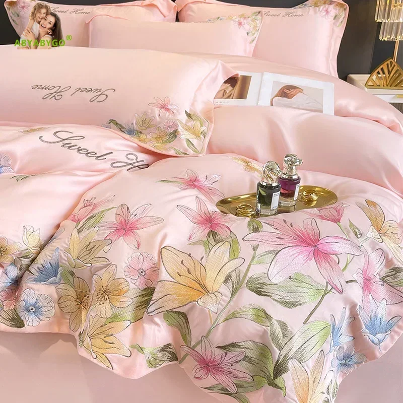 Summer Bedding Set Luxury Monet Garden Flower Embroidery Washed Silk Duvet Cover Set Bed Sheets and Pillowcases King Bedding Set