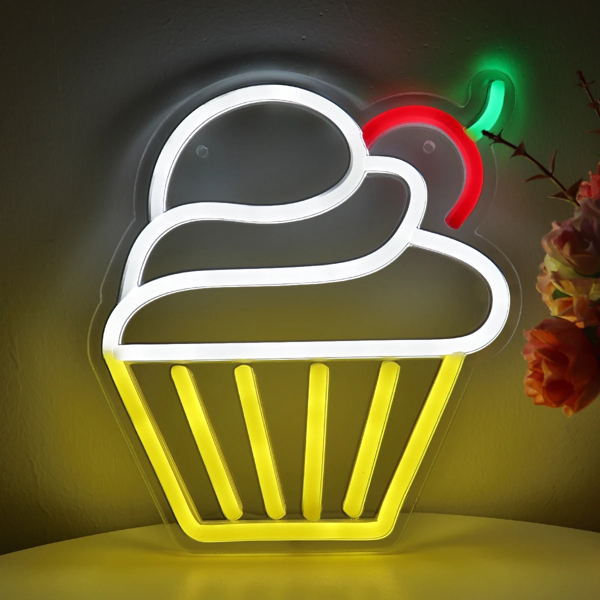 LED Wall Neon Sign for Party Decoration, Ice Cream with Cherry Cup, Bolo, Muffin, Pub, Clube, Bar, Loja, Aniversário, Quarto, 7.44 "x 8.27", 1PC