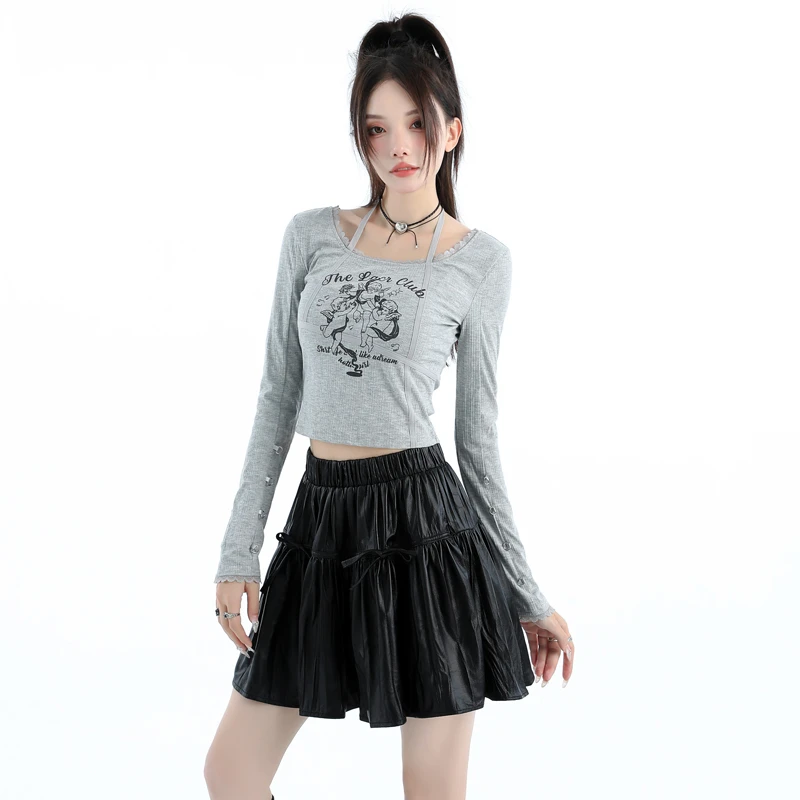 Fashionable Bow Pleated Puffy Skirt for Women A-Line Skirt with Bud Design Sweet Cool Lantern Skirt in French Ballet Style