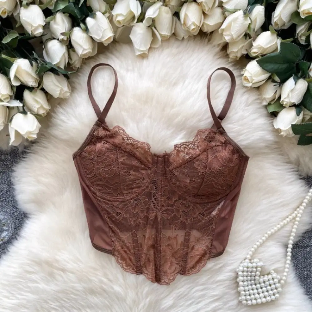 Fashion Hollow Lace Camisole Sleeveless Slim Fit Lace Corset Sweet Tanks Crop Tops Spring Summer