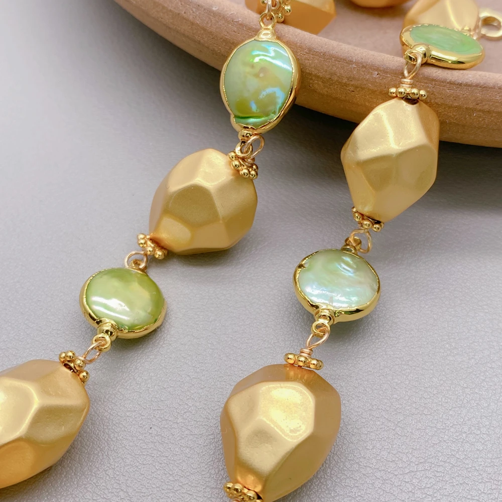 Y·YING 2 Strands Cultured Green freshwater Pearl 15x20mm gold color nugget Frosted Beaded Bracelet