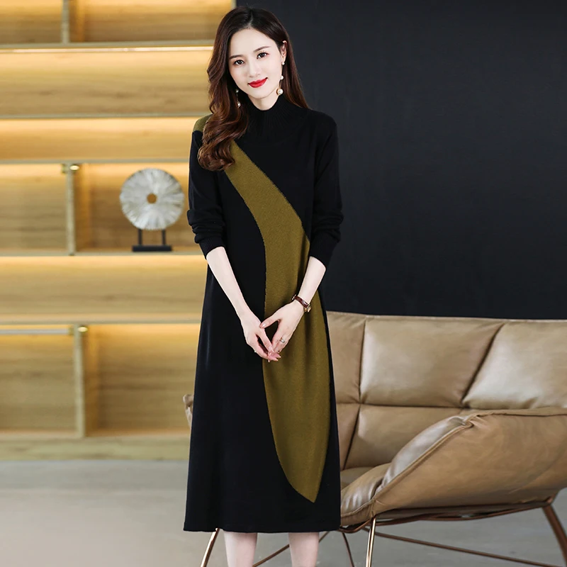 Sweater Dresses Women's Knitted Dress For Spring Autumn New Half Turtleneck Pullover Loose Thicken Warm Bottom Clothing