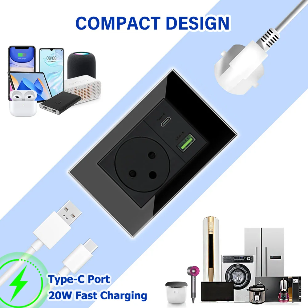 EIOMR Israel USB tipo C enchufe de pared de carga rápida, 118*75mm vidrio templado negro Sat TV Tel timbre interruptor de luz de pared mecánico