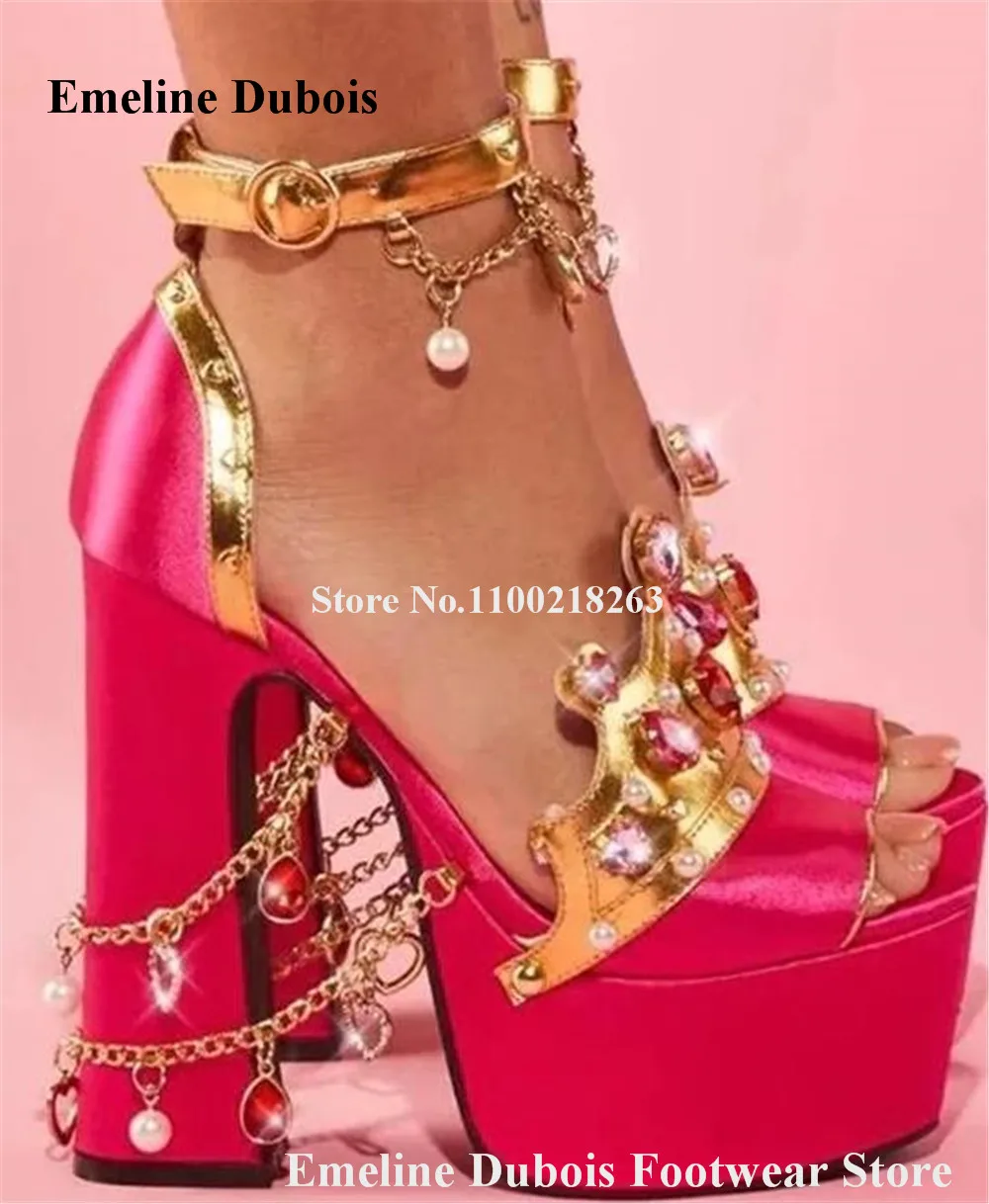 

Chains Pearls Decorated Chunky Heel Sandals Emeline Dubois Peep Toe Rose Red Pink Satin High Platform Rhinestones Diamonds Heels