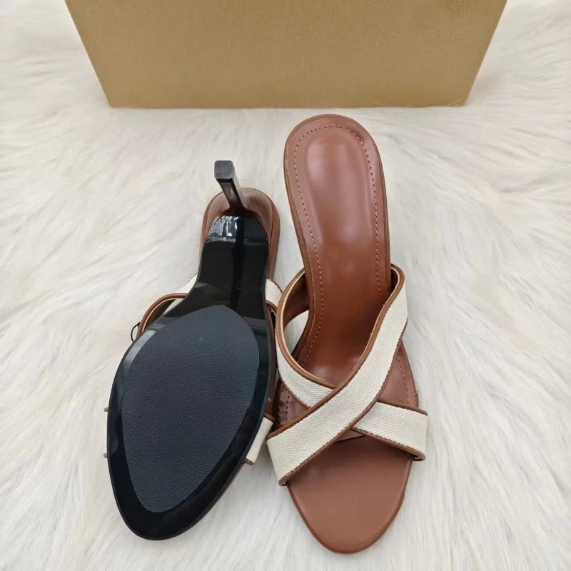 Retro Cross Tied Mules New Summer Sandals Women Pointed-Toe Sexy Stiletto Slide Elegant Patchwork Comfortable Casual Shoes