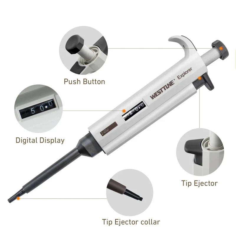 WESTTUNE Laboratory Micro Pipette Gun Lab Single Channel Pipettor Digital Adjustable Plastic Pipette Half Autoclavable with Tip