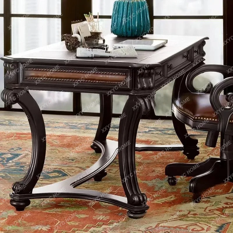 

XX L retro leather desk antique villa study writing table and chair combination