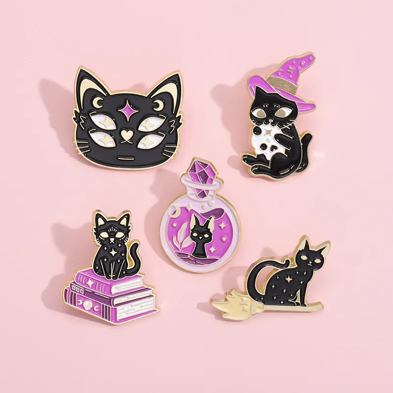 Pin Club | Punk Witch Cat Custom Brooch Gothic Magic Potion Book Hat Halloween Clothing Accessorie Animal Badges Gifts Wholesale