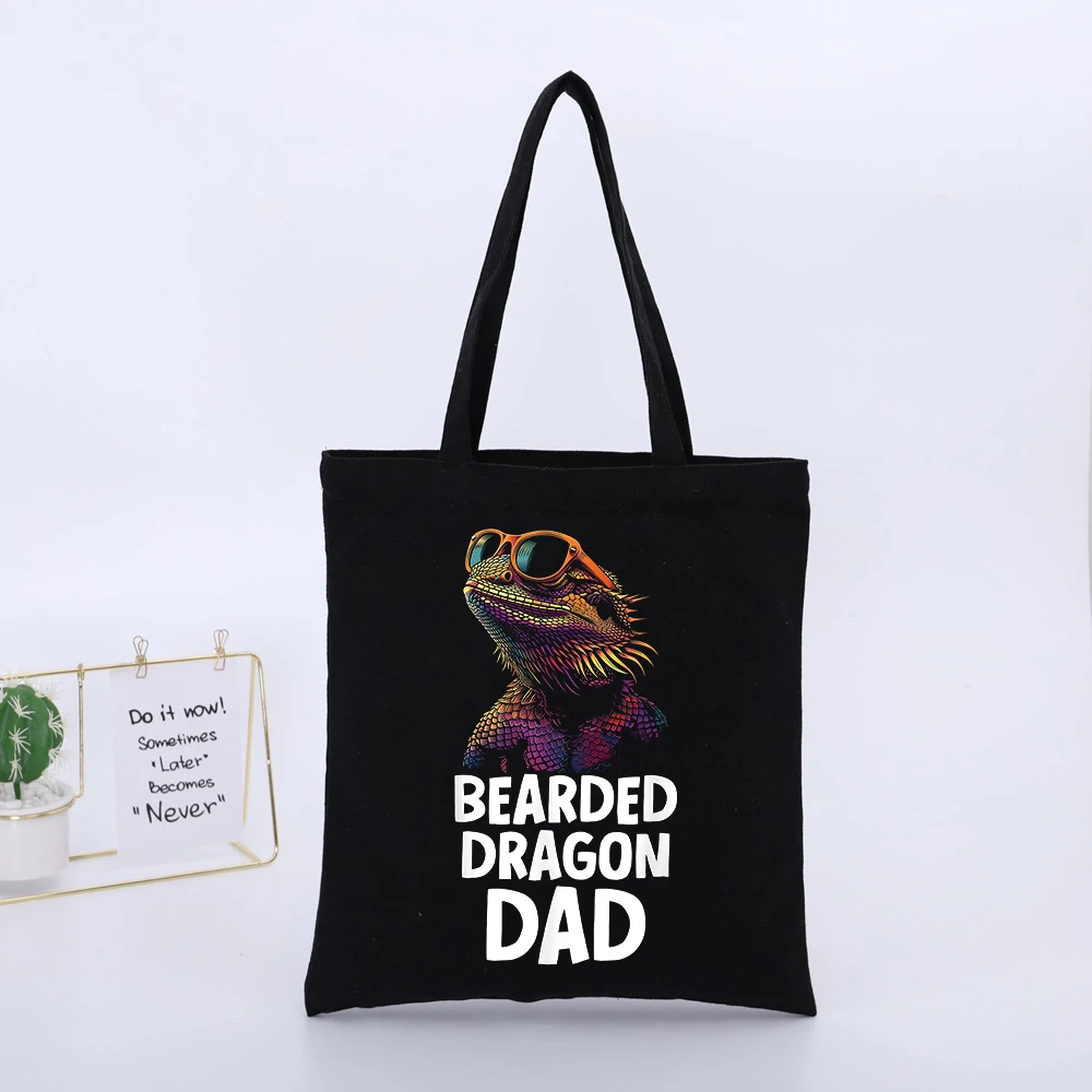 Dad's Bearded Dragon Graphic Black Canvas Tote Bag, Casual Style for Daily Shopping and Errands