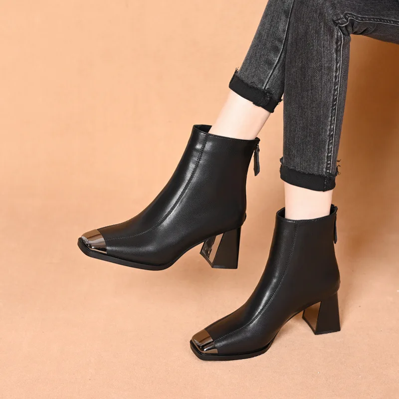 Fashion Square-toe Women's Short Boots Ladies Back Zipper High-heeled Warm Plush Shoes Women's Ankle Boots