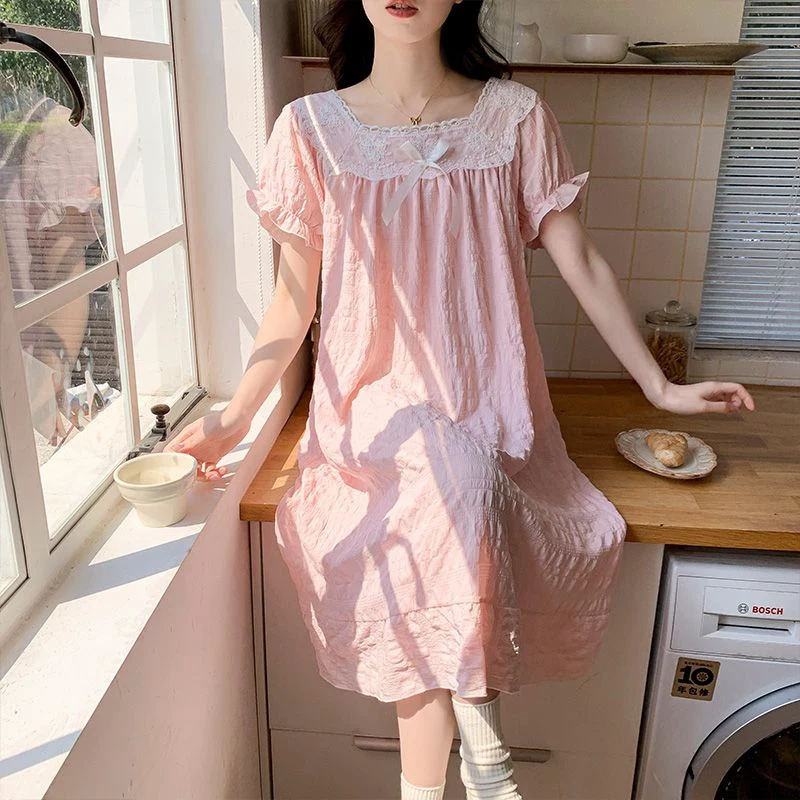 

Лето 2025 г., хлопковое сексуальное кружевное белье с короткими рукавами, ночные рубашки для женщин, корейская милая одежда для сна, ночная рубашка, ночное платье, домашняя ночная рубашка