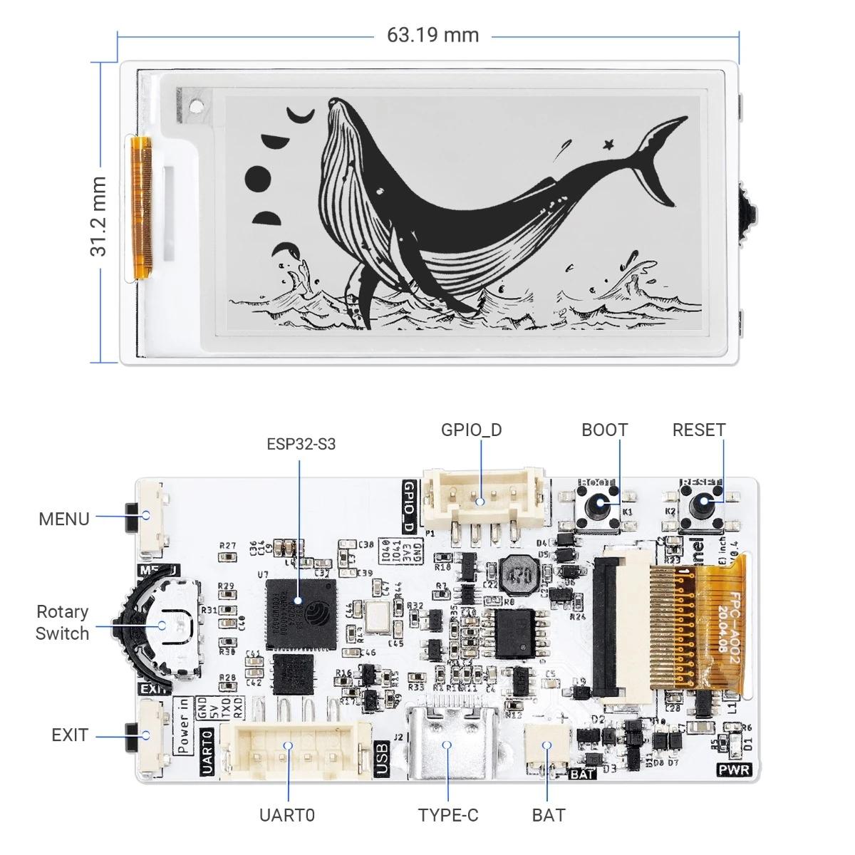 Crowpanel e-ink ディスプレイ 2.13インチ ESP32-S3 用