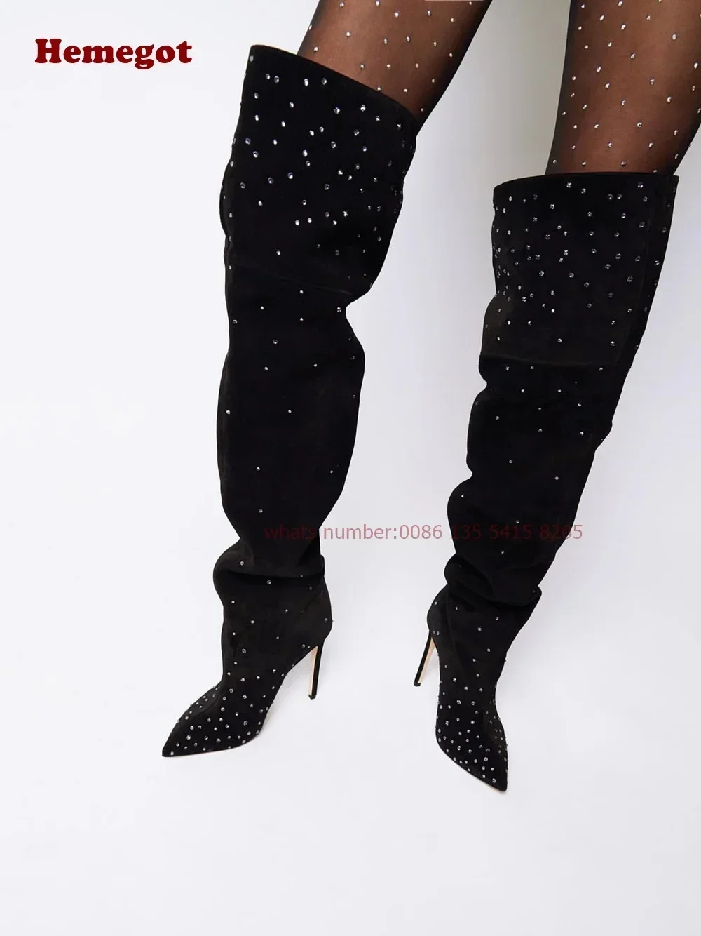 Pointed Toe Crystal Bling Thin High Heels Women's Winter Black Rhinestones Suede Over The Knee Boots Long Boots Runway Shoes