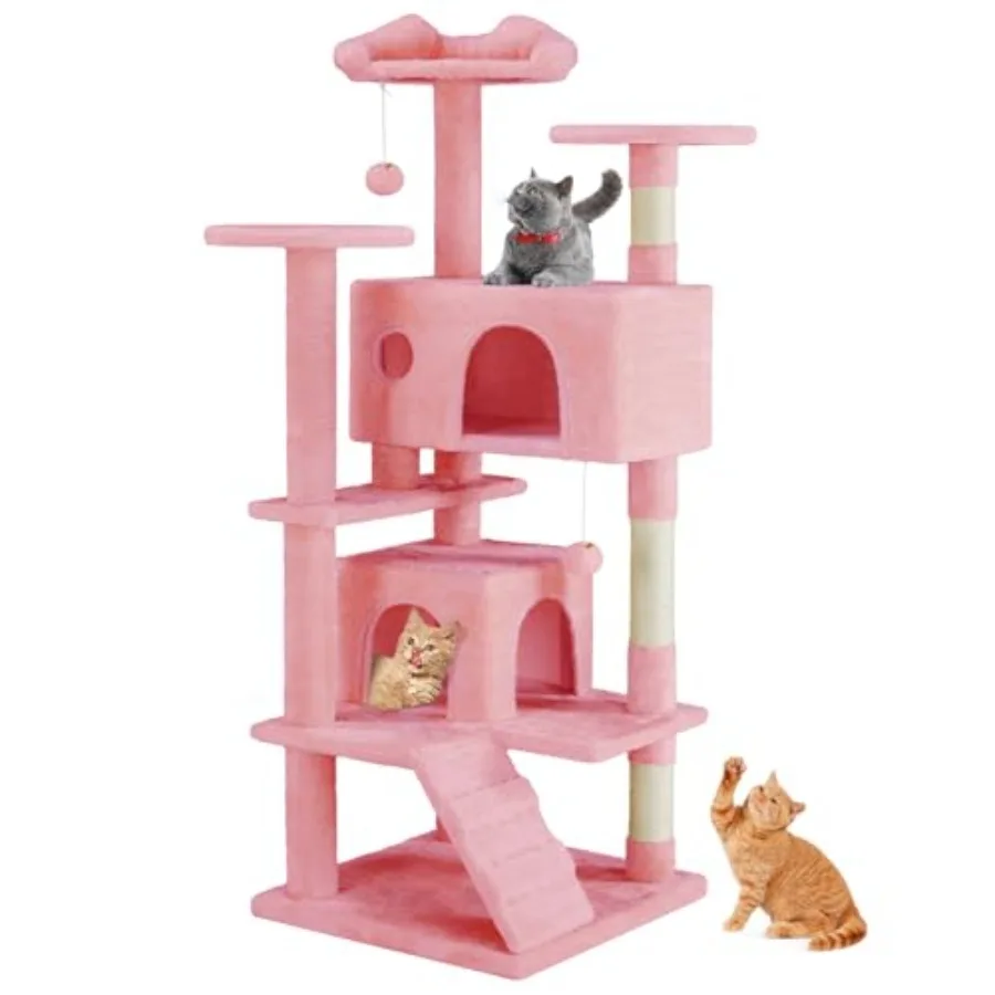 

Multi-Level Cat Tree Tower with Scratch Post Indoor Cat Condo Featuring Climbing Ladder Plush Toy and Play House for Cats Grey