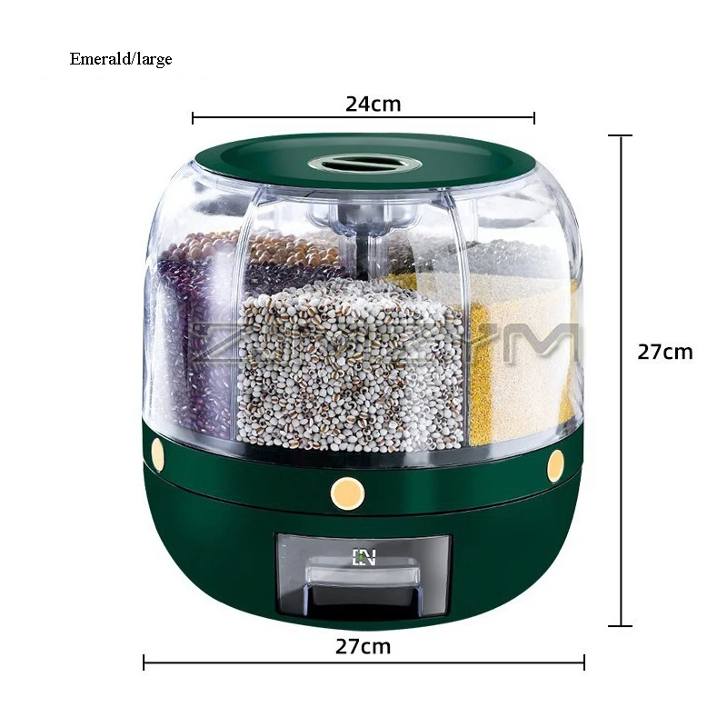 360°Rotating Rice Dispenser 6-cell Storage Grain Box Sealed Dry Grain Bucket Container Moisture-proof Kitchen Food Storage Box