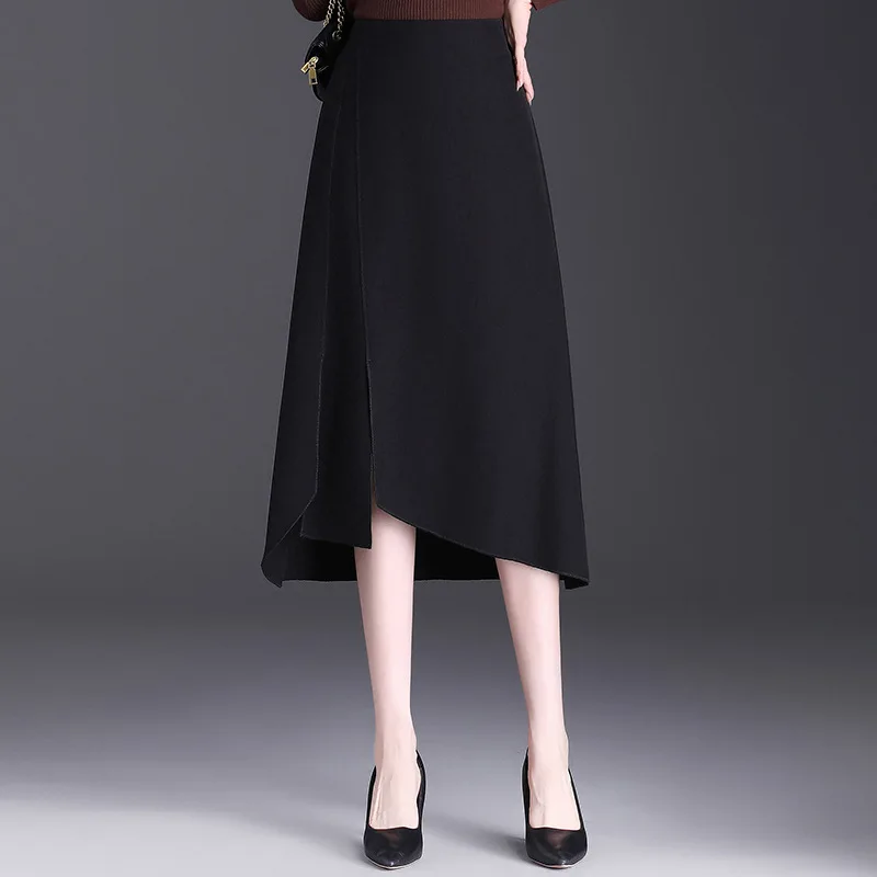 

Women Fashion Elegant High Waist A-line Black Skirt Spring Autumn Office Lady Slim Casual Split Coffee Long Skirts M-4XL 1227