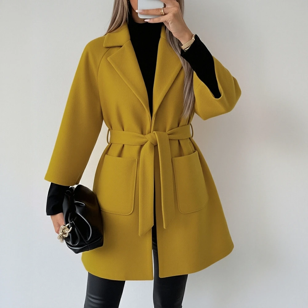 

Women's Casual Lace-Up Long Sleeve Trench Coat Autumn Solid Color Lapel Office Lady Style Basic Daily Wear
