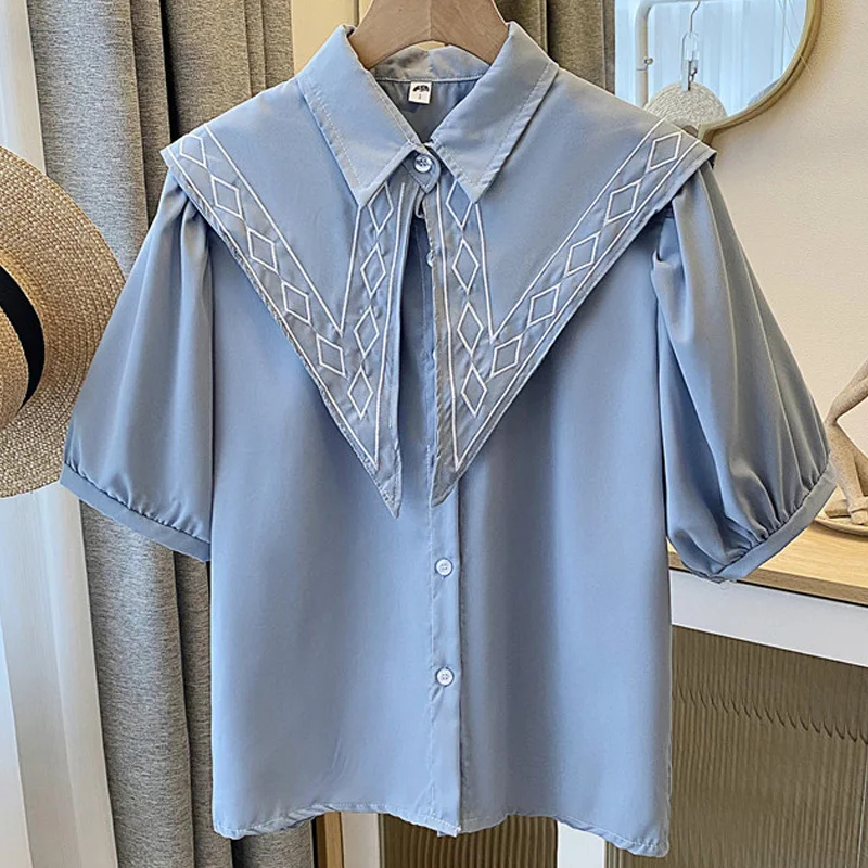 

Vintage Peter Pan Collar Blue Blouse Woman Korean Short Sleeve Summer Shirts For Women Fashion Button Up Tops Lady Blusas 27081